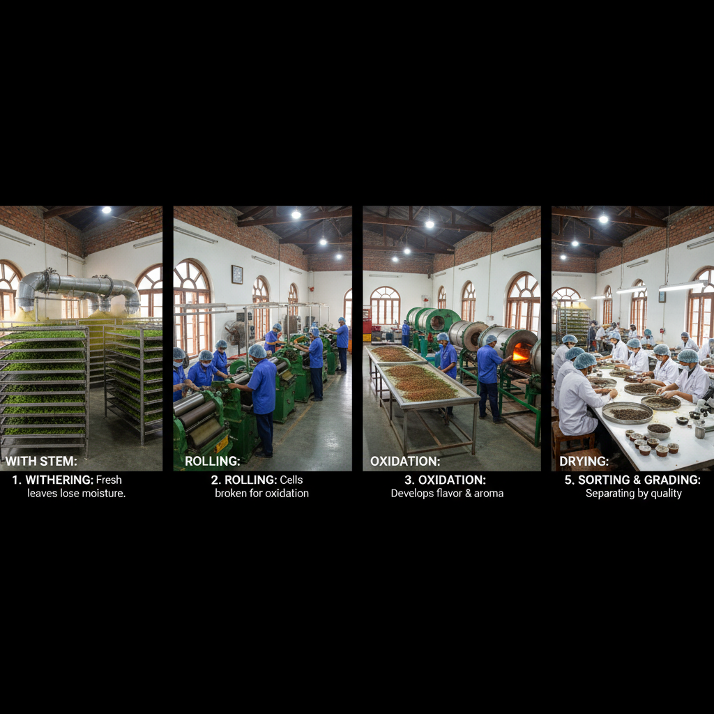 Tea leaves being withered and processed in traditional chai manufacturing